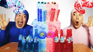 RED VS BLUE COLOR Cake Decorating Challenge 빨간색 파란색 케이크 꾸미기 챌린지 먹방 Eating 24 Hours HUBA 후바