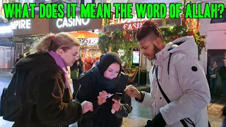 Leicester Square - Johnno and Amy talk to a Muslim lady about Jesus being the Word of Allah