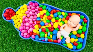 Satisfying Video l All My Glossy Candy Mixing in Milk Bottle Bathtub & Rainbow Skittles Balls ASMR