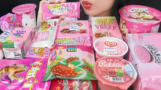 ASMR PINK CONVENIENCE STORE FOOD 🌸 STRAWBERRY ICE CREAM, PINK CHOCOLATE, POCKY, LOLLIPOP, PUDDING 💗