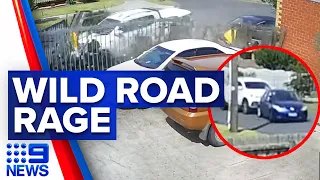Wild road rage incident caught on CCTV after two speeding vehicles crash | 9 News Australia