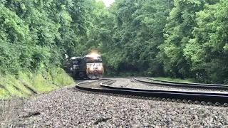 3 Trains Go Down Steep Hill After Tree Hit By Train, Horn Salute, Curvy Steep NS  Main Line Railroad