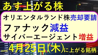 あす上がる株　2024年４月２５日（木）に上がる銘柄　～最新の日本株での株式投資。ファナック、日立建機、サイバーエージェント、中外製薬、オリエンタルランドの決算と株価。高配当株やデイトレ情報も～