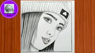 Girl wearing winter cap pencil sketch drawing // Beautiful girl face drawing step by step