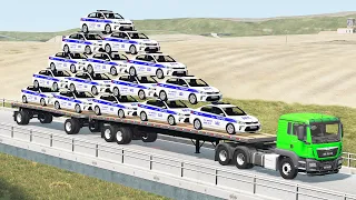 Police Double Flatbet Truck Speed Bumps Police Car Rescue - Cars vs Deep Water vs Potholes - BeamnG