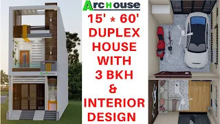 15 x 60 feet House plan | 3 BHK Duplex With Car Parking  | 900 sqft | 15*60 house plan || ArcHouse