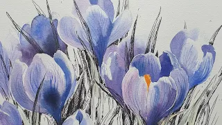 "April" SPRING  A little video how to draw watercolour crocuses and 🎶 Petr Tchaikovsky