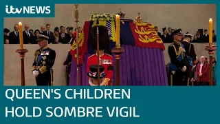 King Charles and siblings hold vigil by the Queen's coffin in Westminster Hall | ITV News
