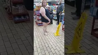 Woman with large forehead and long stomach on drugs at Gas Station