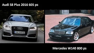 Mercedes W140 800 ps AMG tun vs Audi S8 Plus 2016 605 ps acceleration 0-250 kmh