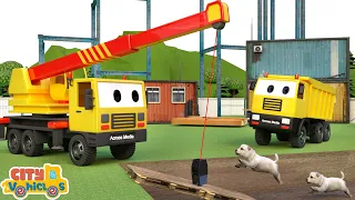 Construction Vehicles Save Dogs  — Dump truck, Excavator, Cement Mixer and Crane truck  for Kids.