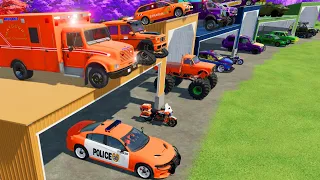 TRANSPORTING POLICE CARS, FIRE TRUCK, AMBULANCE, CARS, MONSTER TRUCK OF COLORS! WITH TRUCKS! - FS 22