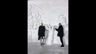 Adam & Roger Taylor in front of the Queen and Adam Lambert sculpture at Sapporo Snow Festival!,Feb 8