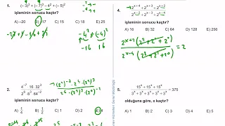 9. Sınıf Matematik Kazanım Kavrama Test 15 (Üslü İfadeler ve Denklemler) Çözümler
