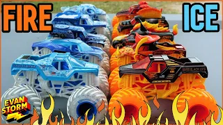 Monster Jam Trucks FIRE And ICE Play At Home Super Six Lane Speedway Race Challenge