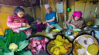 Cauliflower & Pork mix Fry recipe  Cooking & eating with Rice | eating village video | pork cooking