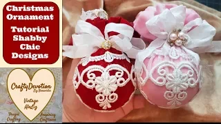 Velvet Christmas Baubles diy tutorial, Christmas ornament shabby chic style, White lace decor.