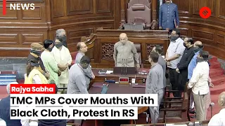 Trinamool Congress MPs Enter Well Of Rajya Sabha; Protest With Clothes Wrapped Around Their Mouths