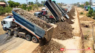 Amazing Power Dump Trucks Unloading Stones & Bulldozer Pushing Stone Building Side Road Construction