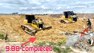 WoW! Amazing talented skill of Dozer SHANTUI push land filling into the swamp with dump trucks