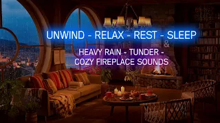 UNWIND - RELAX - REST.... HEAVY RAIN | THUNDER | COZY FIREPLACE SOUNDS