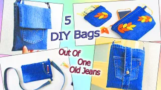 5 DIY Easy and Fast Bags Out Of One Pair Old Jeans - Old Jeans Bag Making - Recycle From Denim