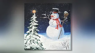 Daily challenge #8 / Acrylic painting / Christmas snowman / Easy winter Landscape初学者丙烯画怎样画圣诞雪人