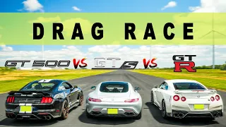 Ford Mustang Shelby GT500 vs Mercedes AMG GTS vs Nissan GTR R35, tables turn quickly. Drag and Roll.