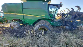 Combine and Tractor Stuck in the Mud!