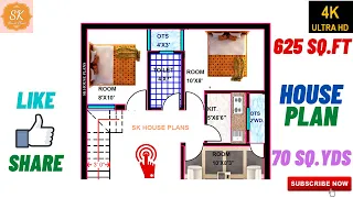 LATEST HOUSE PLAN 25' X 25' / 625 SQ.FT / 70 SQ.YDS / 58 SQ.M / WITH INTERIOR / (4K)