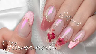 Spring nail with Cat eye gel and fresh flowers / Born pretty / Poly gel extension / Self nail / ASMR