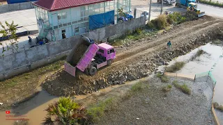 Great Process Filling Land In Water Of Size 8x30 Showing Work By Komatsu Dozer with Dump Trucks