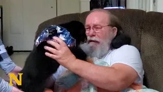 Family surprises dad who lost his dog with new puppy