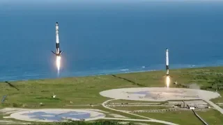 Falcon Heavy 1st Commercial Flight (Arabsat-6A). Rocket Liftoff and landing.