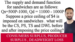 Consumer Surplus, Producer Surplus,&  Deadweight Loss before and after imposing the price ceiling?