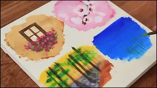 Set of 4 Heart💜 Flowers Landscape Acrylic Painting Using Masking Tape ｜Satisfying ASMR #serenaart