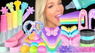 ASMR PASTEL FOOD, EDIBLE BUTTERFLIES, CHOCOLATE COVERED PRETZELS, LIP BALM LAYERED JELLO MUKBANG 먹방