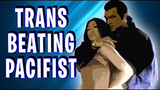 Steven Seagal does acrobatics and fights a ladyboy wearing a blue muumuu-Belly of the Beast