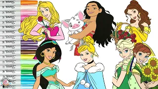 Disney Princess Coloring Book Compilation Aurora Cinderella Jasmine Moana Elsa Anna Belle