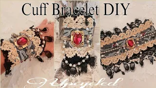 How To Make a Fabric Collage Cuff Bracelet with Upcycled Materials.