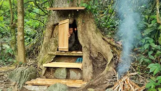 Create a hiding place, in the roots of a tree that is comfortable and warm - cook, spend the night