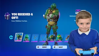 Gifting My 10 Year Old Kid ALL The NEW Fortnite NINJA TURTLE Skins & Unlocking FREE Christmas Reward