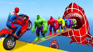 GTA 5 Funny Ragdolls | Spiderman On Hulk Bridge Parkour Jumps (Spiderman Fails Shark Jumps)