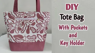 SIMPLE AND EASY !!! DIY TOTE BAG WITH POCKETS AND KEY HOLDER | Shopping Bag | Cloth Bag Making | Bag