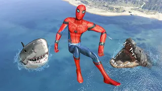 GTA 5 Crazy Ragdolls | Spider-Man VS Crocodile and Big Shark | Jumps/Fails (Euphoria Physics) Ep.103