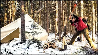 WINTER BUSH CAMP - G Stove, Hot Tent, Ice Fishing, Stroganoff in the Pressure Cooker