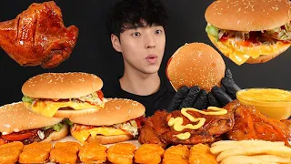 ASMR MUKBANG BBQ GRILLED CHICKEN & BURGER & CHICKEN NUGGETS & FRIES EATING SOUNDS (CHEESE SAUCE)