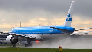 EPIC Wet Runway Plane Spotting at Amsterdam Schiphol | Big planes, water spray & HEAVY rain takeoffs