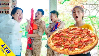 LTN Nerf War : Captain Seal SALESGIRL PIZZA & Delta Force T Nerf Guns Fight Deliver Group