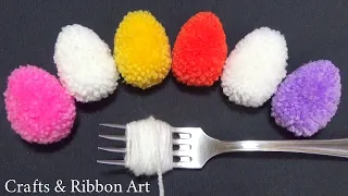 Easy Pom Pom Chicken Eggs Making Idea with Fork - DIY Woolen Crafts - How to Make Chicken Eggs